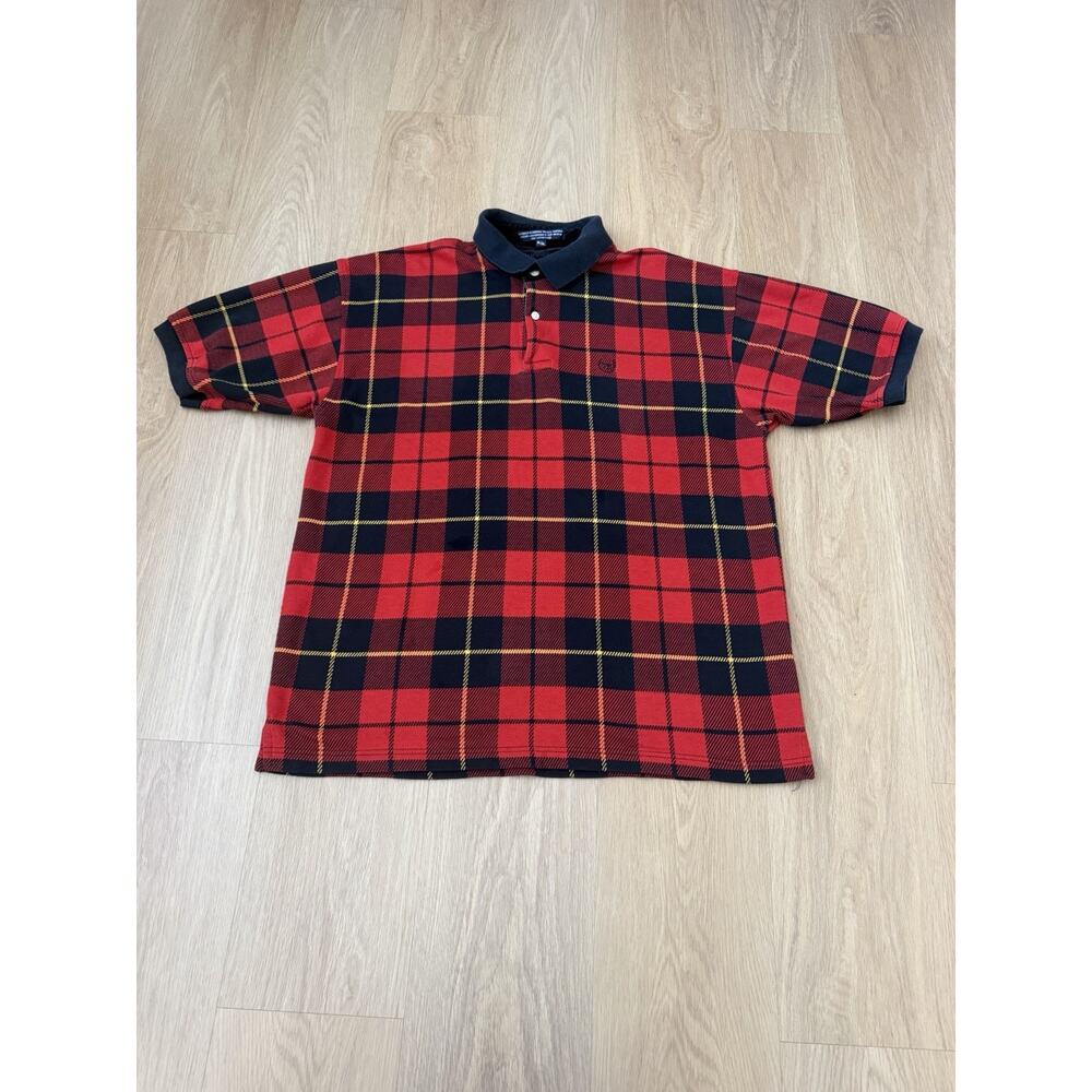 Mens XL Red Plaid Short Sleeve Polo Tshirt, 1985 Tommy Hilfiger